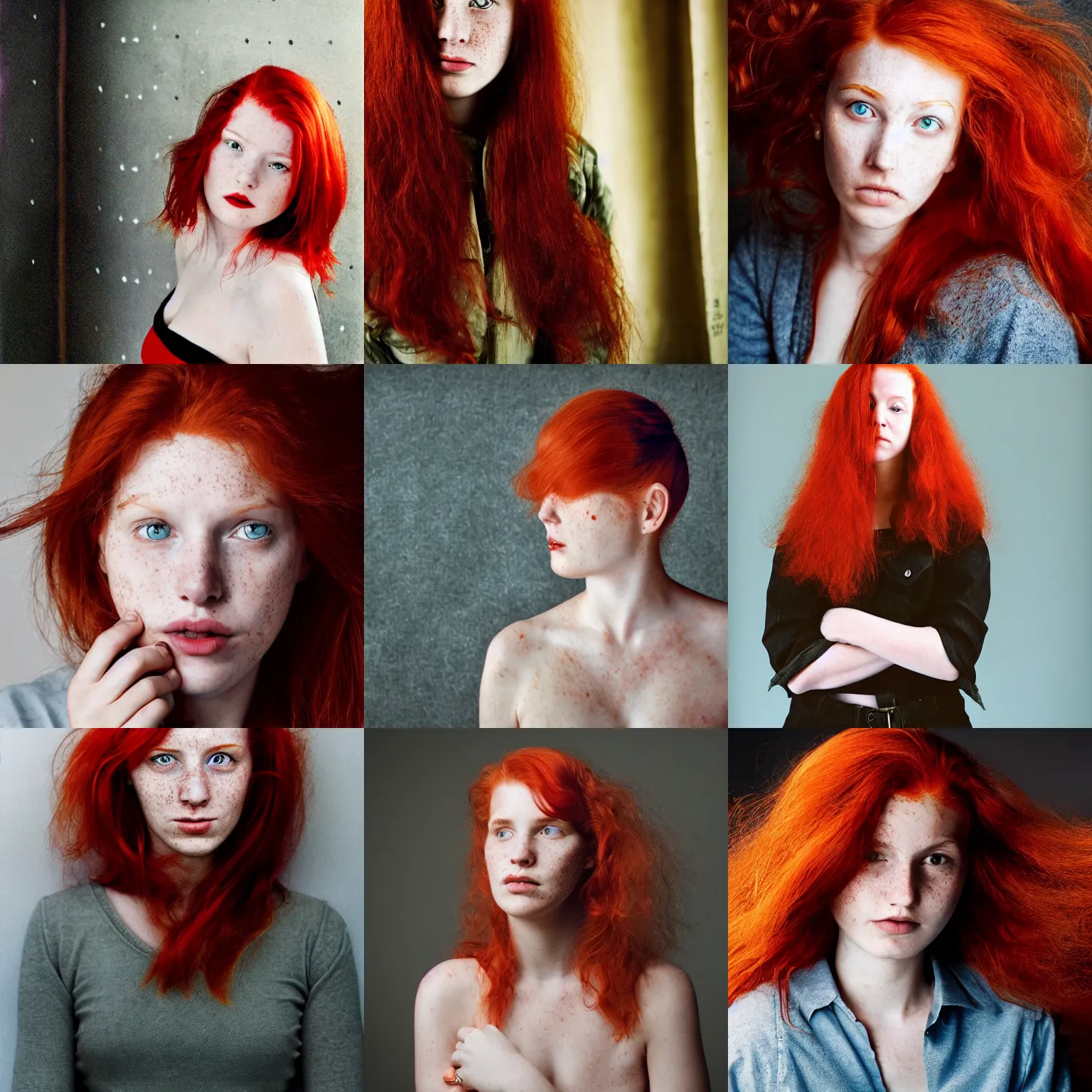 Prompt: photo of a twenty year old woman in cyberprep fashion taken by annie leibovitz, red hair, freckles