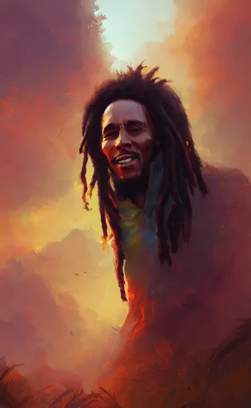 Prompt: Bob Marley, nature, warm colors, by Greg Rutkowski, artstation