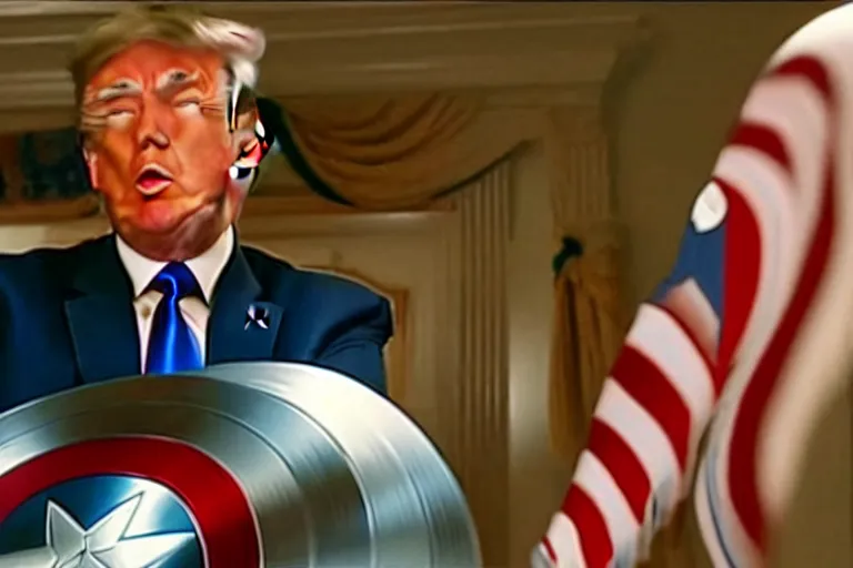 Image similar to a film still of trump in a captain america, high quality