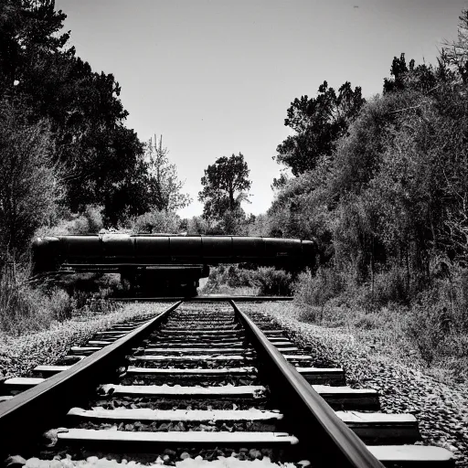 Image similar to fine art photography of a abandoned old train station in the middle of nowhere, overgrown, it train tracks curve up toward the sky, black and white photography 3 5 mm