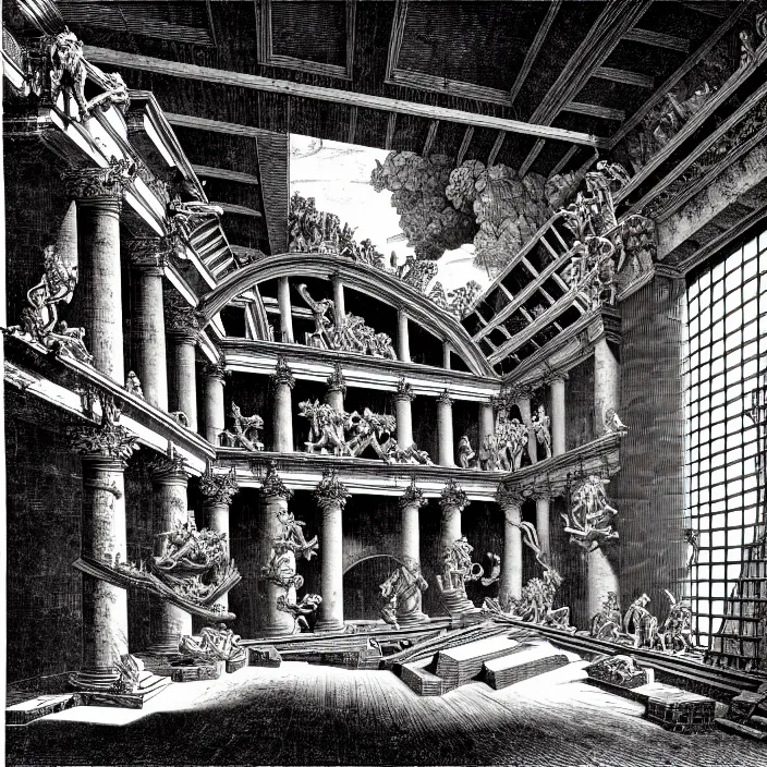 Prompt: piranesi's chamber, by piranesi and mc escher, intricate details, hd