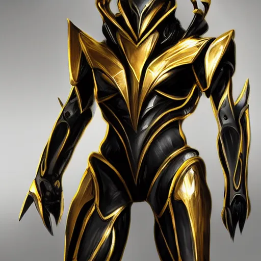 Image similar to black and gold warframe armor cinematic detailed photorealistic digital artwork digital painting