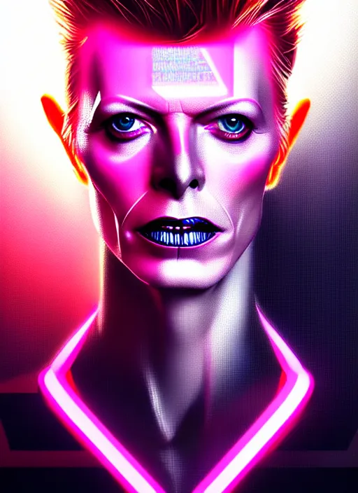 Image similar to portrait of david bowie cyber humanoid, intricate, elegant, cyber neon lights, highly detailed, digital painting, artstation, glamor pose, concept art, smooth, sharp focus, illustration, art by artgerm and greg rutkowski