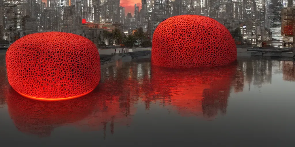 Image similar to An epic architectural rendering of a blob shaped trypophobia house with a mysterious red glow emitting from inside in a modern cityscape next to a river, stunning, gorgeous, golden ratio, photorealistic, featured on artstation, 4k resolution