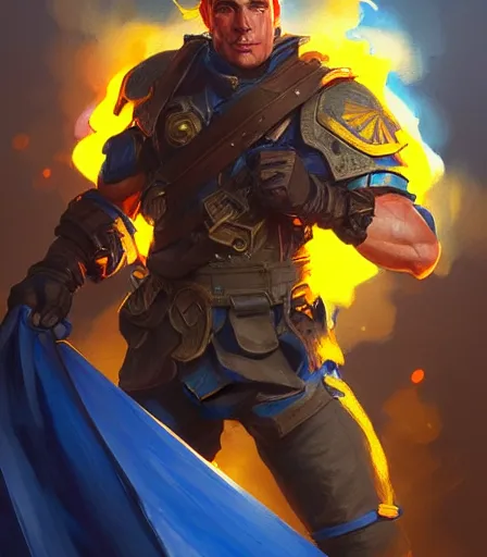 Image similar to ready to fight soldier with blue and yellow flag, fire background, fire burst, muscular masculine figure, dungeons and dragons portrait, highly detailed, digital painting, artstation, concept art, sharp focus, illustration, art by artgerm and greg rutkowski and alphonse mucha