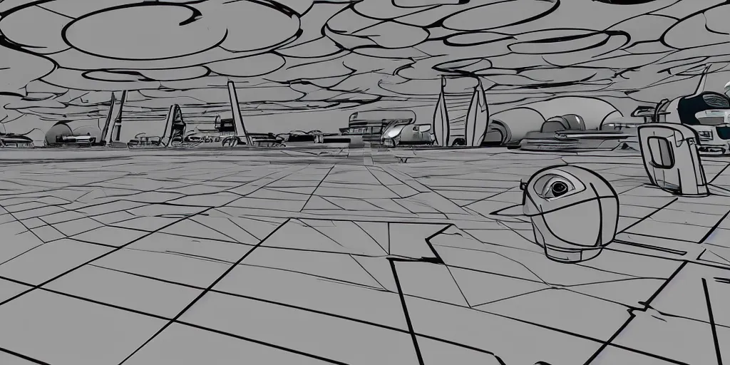 Image similar to futuristic space port in the style of the jetsons cartoon, retro line art, path traced