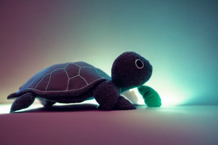 Image similar to turtle plushie in cyberspace, in 2 0 5 5, y 2 k cybercore, industrial low - light photography, still from a ridley scott movie