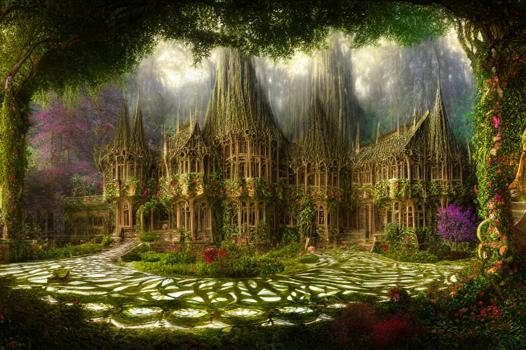 Prompt: a beautiful and highly detailed digital painting of an elven palace in a beautiful garden in a mystical forest, nargothrond, psychedelic patterns, celtic designs, intricate details, epic scale, cgsociety, 8 k, sharp focus, hyperrealism, by caspar friedrich, albert bierstadt, james gurney, brian froud,