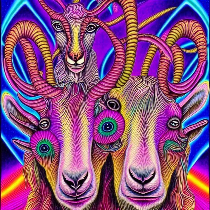 Image similar to psychedelic goats, by alex grey, intricate details, artstation, furry, beautiful