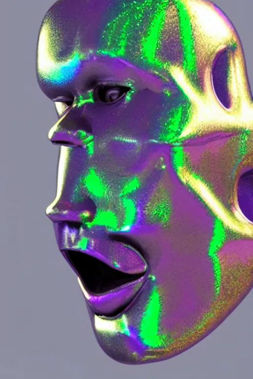 Image similar to 3d render of holographic angry human robotic screaming angry bust made of glossy iridescent, screaming, bust, surrealistic 3d illustration of a human non-binary, non binary model, 3d model human, cryengine, made of holographic texture, holographic material, holographic rainbow, concept of cyborg and artificial intelligence