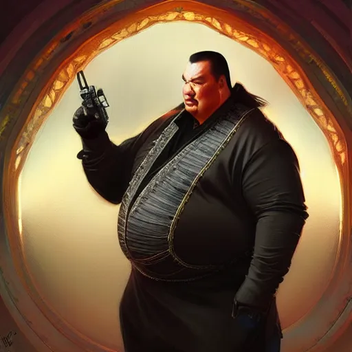 Image similar to Obese Steven Seagal, fantasy, intricate, elegant, highly detailed, digital painting, artstation, concept art, matte, sharp focus, illustration, art by Artgerm and Greg Rutkowski and Alphonse Mucha