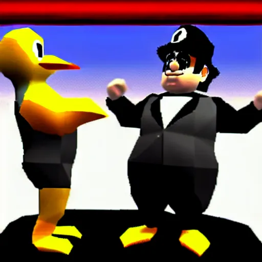 Prompt: danny devito punching a penguin, nintendo 6 4 screenshot, low poly, aliased