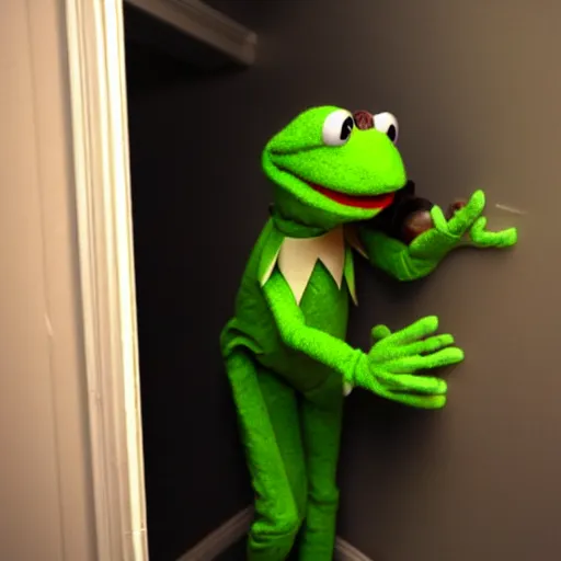 Prompt: photographs of FBI Kermit finding Elmo Esteves in a closet