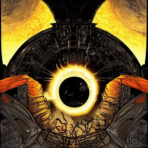 Prompt: art nouveau solar eclipse, chaos, night, rot, blood, epic art, dark souls, highly detailed and intricate, trending on artstation