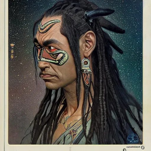 Image similar to Maori Tlingit Klingon with forehead crest and dreadlocks, alien bestiary by Greg Rutkowski, Wayne Barlowe, and Alphonse Mucha