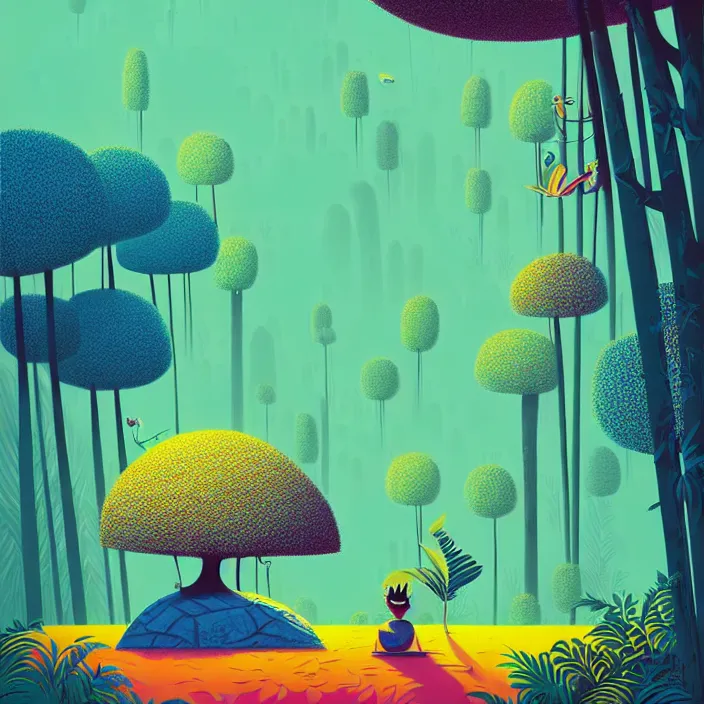 Prompt: ( ( ( gediminas pranckevicius ) ) ), under bo tree in a jungle garden summer morning, very coherent and colorful high contrast art by james gilleard floralpunk screen printing woodblock, dark shadows, pastel color, hard lighting