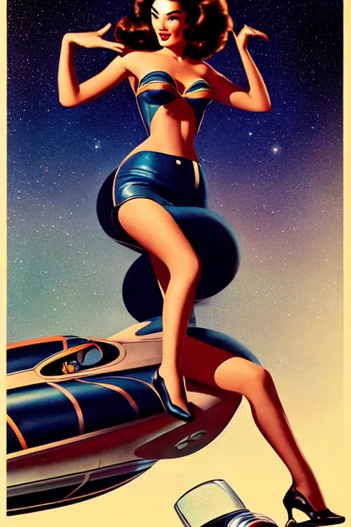 Prompt: beautiful retro space megan fox varga girl sitting on a space car in diesel punk city, windblown dark hair, retro pinup model, seductive, 1 9 4 0, glamour pose, intricate, smoke, hyper detailed, digital art, smooth, sharp focus, alberto vargas, gil elvgren, greg rutkowski, propaganda poster