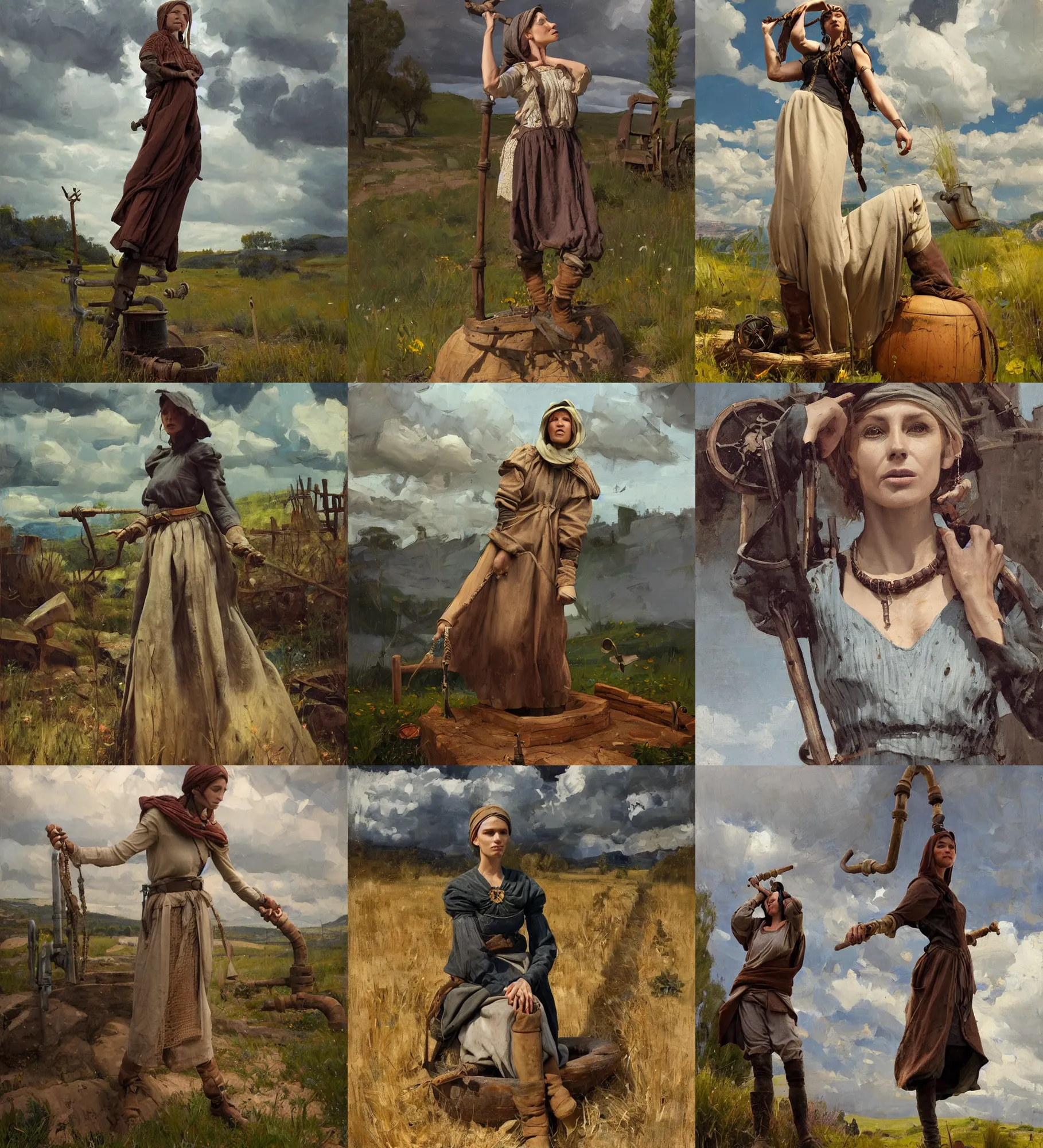 Prompt: portrait of medieval farmer woman with wooden jewelry, mediterranean features, fantasy character, sitting dynamic pose, Low poly, thunder clouds in the sky, artwork by Jeremy Lipkin and Giuseppe Dangelico Pino and Michael Garmash and rob rey, levitation, industrial rusty pipes, simple form, brutal shapes