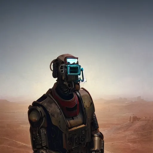 Image similar to a half - masked rugged engineer man with cybernetic enhancements lost in the desert, scifi character portrait by greg rutkowski, esuthio, craig mullins, 1 / 4 headshot, cinematic lighting, dystopian scifi gear, gloomy, profile picture, mechanical, half robot, implants, steampunk