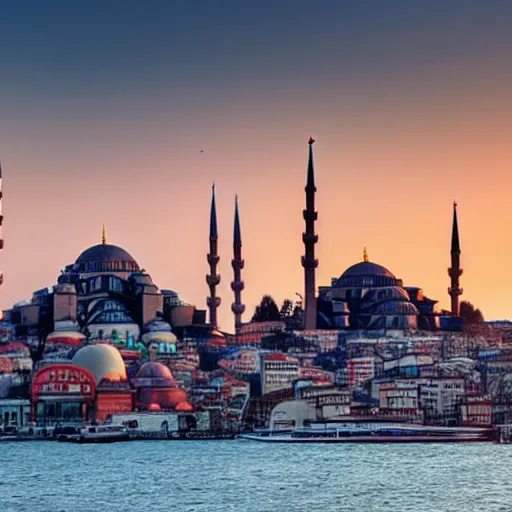 Image similar to skyline of istanbul at sunset with mosque in foreground