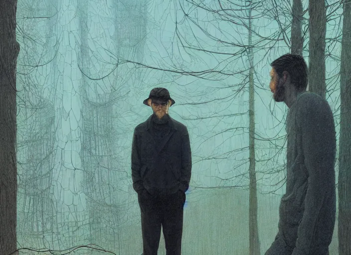 Image similar to portrait of man and sasquatch outside office building, cynical realism, painterly, yoshitaka amano, miles johnston, moebius, beautiful lighting, miles johnston, klimt, tendrils, in the style of, louise zhang, victor charreton, james jean, two figures, terrence malick screenshots, ghibli screenshot