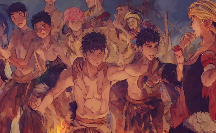 Image similar to a village of tribal people dancing around a bonfire, digital painting masterpiece, advanced lighting technology, stylized yet realistic anatomy and face, gorgeous, by reiq and bengus and akiman and shigenori soejima and bastien vives and balak and michael sanlaville, 4 k wallpaper, cinematic, gorgeous brush strokes, coherent, smooth