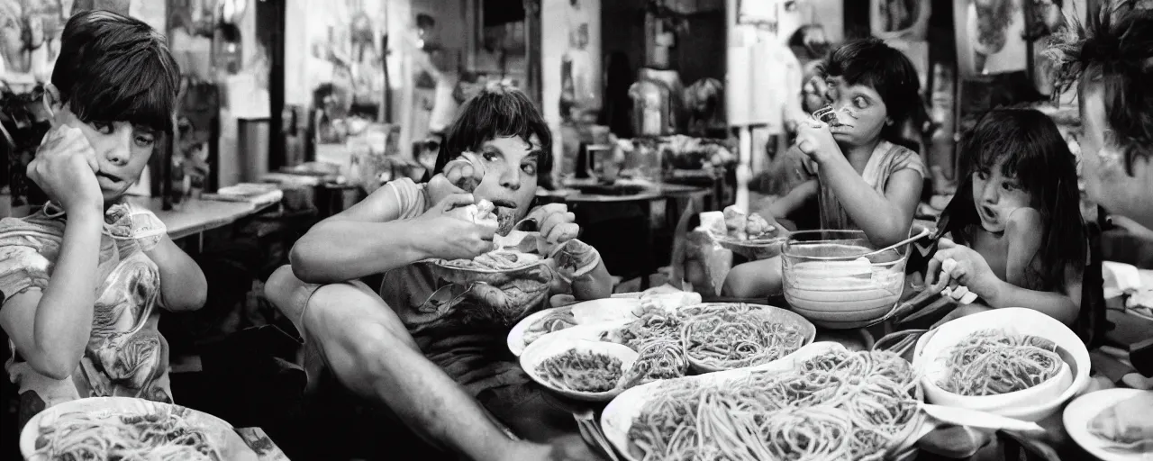 Image similar to celebrities eating spaghetti out of a giant bowl, high detailed face, facial expression, small details, intricate, canon 5 0 mm, cinematic lighting, photography, film, kodachrome