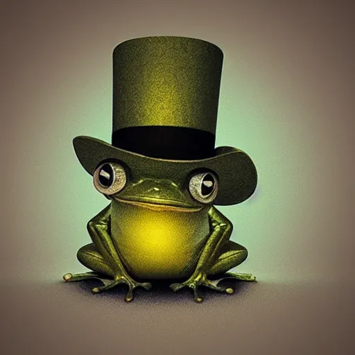 Prompt: “ frog wearing top hat sitting in front of a lamp, realistic, whimsical, volumetric lighting, 3 d ”