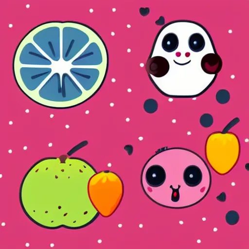 Image similar to a set of kawaii fruits isolated on white background, stylized, cartoon, cute, vector graphics, trending on pinterest, featured on artsation, high quality, smooth graphics, fine edges,