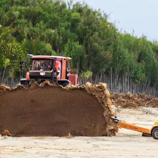 Prompt: lorenzo jovanotti on a bulldozer tearing down trees on a beach