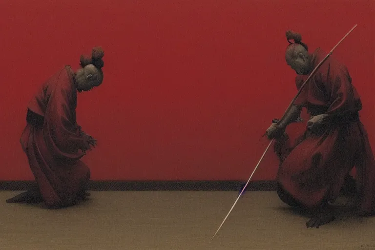 Image similar to only with red, a red samurai do seppuku, tokio, a lot of frogs watch, in the style of beksinski, parts by edward hopper, parts by rodcenko, parts by yue minjun, intricate and epic composition, red by caravaggio, insanely quality, highly detailed, masterpiece, red light, artstation, 4 k