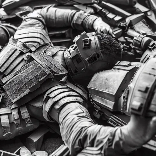 Prompt: Dramatic photo of a dying British mercenary wearing grey modern body armor holding a grenade while surrounded by corpses, photo by Adam Ferguson, Pulitzer Winning, cinematic composition, breathtaking, modern, 2022