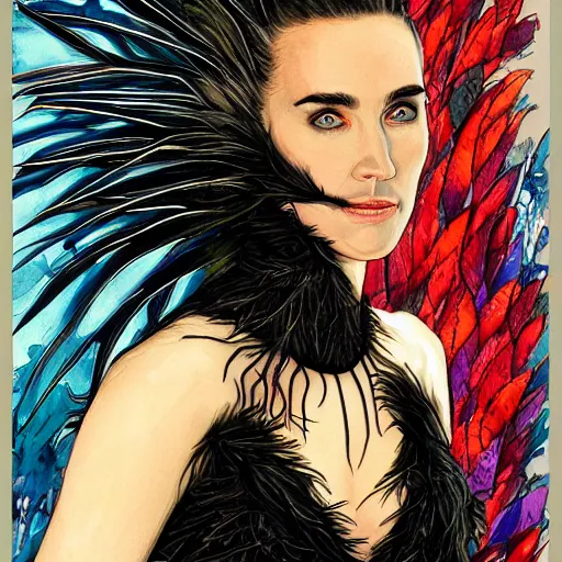 Prompt: detailed colorful watercolor of jennifer connelly as odile the black swan, disney villain, black feathers instead of hair, black feathers growing out of skin, shapeshifting, black feathers growing out of face, floating in zero gravity on spacecraft, science fiction, highly detailed, comic book cover, mike mignogna, david mack, trending on artstation