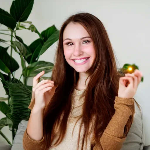 Image similar to a cute young woman smiling, long shiny bronze brown hair, full round face, green eyes, medium skin tone, light cute freckles, smiling softly, wearing casual clothing, relaxing on a modern couch, interior lighting, cozy living room background, medium shot, mid-shot, soft focus