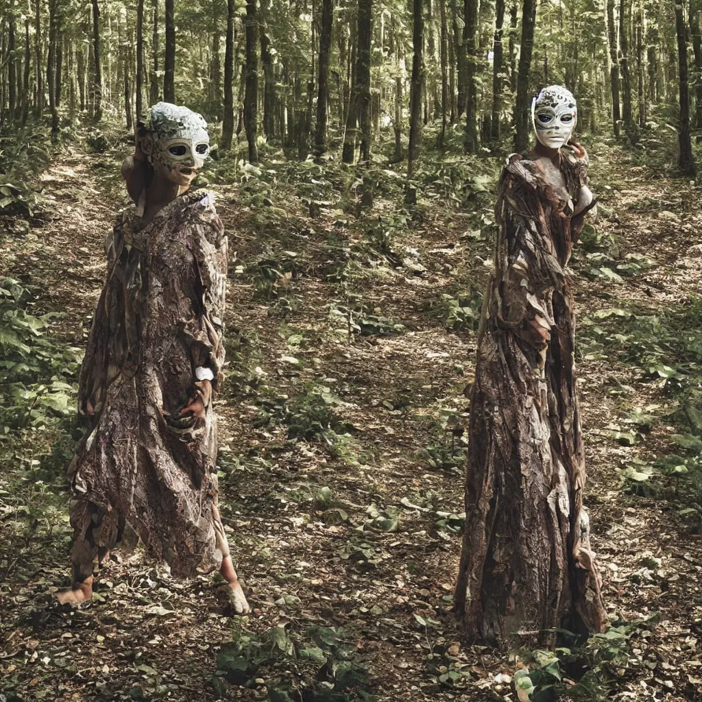 Prompt: a woman with a mask made of stones in a forest, vogue magazine