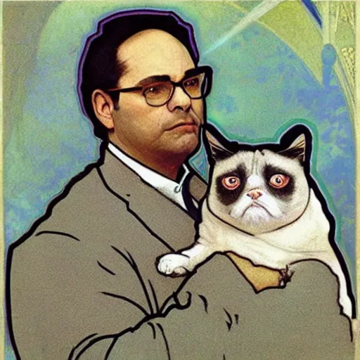 Prompt: “ portrait of george costanza from seinfeld holding grumpy cat, by alphonse mucha ”