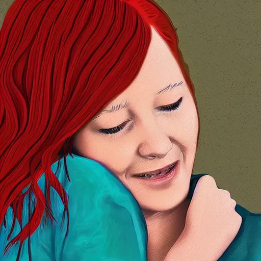 Image similar to red haired girl surrounded by old people, digital art