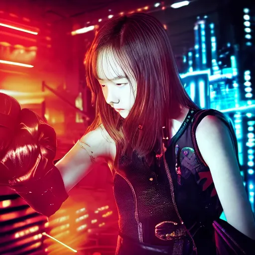 Image similar to a girl like (yoona, Elle Fanning), punching in a bag, background cyberpunk city, kpop, fullshot, photo, volumetric lighting, epic composition, intricate details, dark neon punk, by KDA