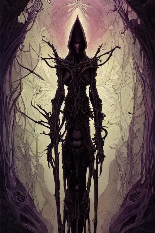 Image similar to artgerm, joshua middleton, mucha, beksinski, moebius, heavy metal comic cover art, psychedelic triangular skeletal calcification fungus lich in darkiron spike armor, full body, hollow eyes, symmetrical face, long black crown, in a dungeon background, moody dark colors