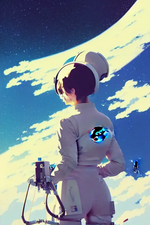 Image similar to poster of a female astronaut by ilya kuvshinov, cloudy sky background lush landscape ln illustration concept art anime key visual trending pixiv by victo ngai fanbox by greg rutkowski makoto shinkai takashi takeuchi studio ghibli