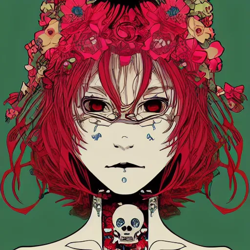 Prompt: anime manga skull portrait girl female skeleton illustration 80s vaporwave detailed patterns art Geof Darrow and Ashley wood and Ilya repin and alphonse mucha pop art nouveau