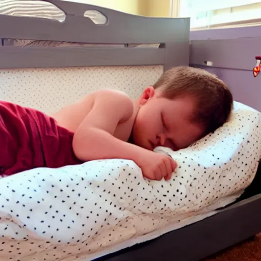 Image similar to kratos sleeping in kid sized bed