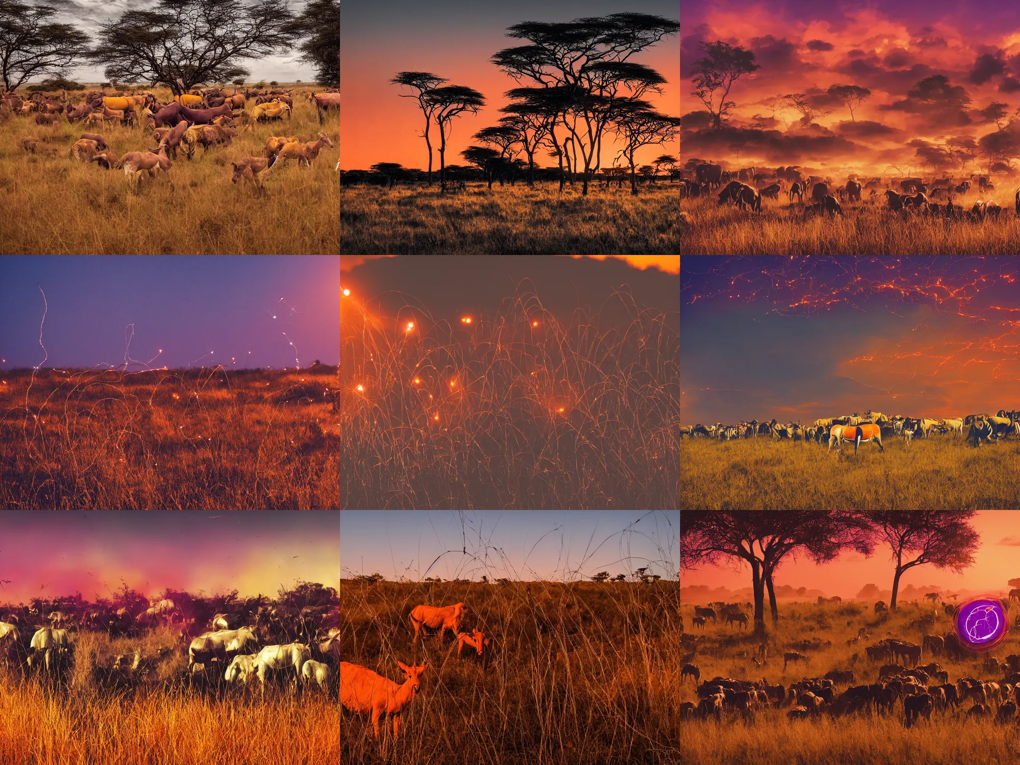 Prompt: 7 0 s cinematic, orange, purple, shields, flashes, white metal and black plastic wildlife, wires and lights, herds fighting, african plains, long grass, acacia trees, dramatic lighting, anamorphic, golden hour, solarpunk