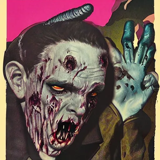 Prompt: 1 9 5 0 s style psychedelic horror movie poster of an evil zombie with donkey ears