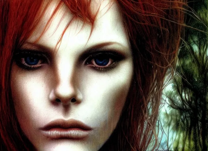 Prompt: award winning face close up portrait of a redhead in a park by luis royo and eyes by hr giger