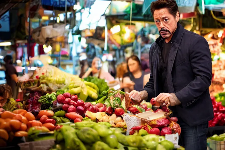 Prompt: tony stark stealing food from the market to eat outside, 8K, high detail, high resolution