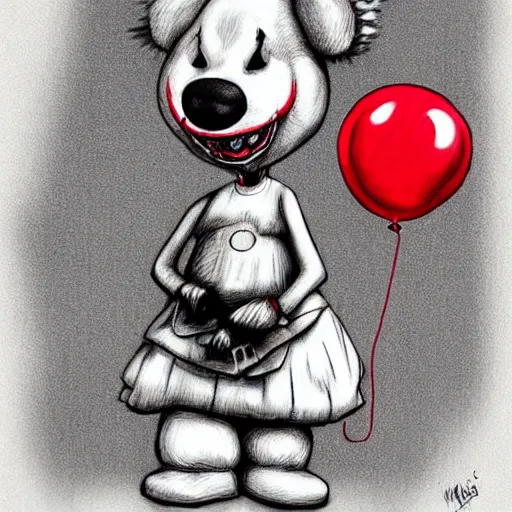 Prompt: surrealism grunge cartoon portrait sketch of a teddy bear with a wide smile and a red balloon by - michael karcz, loony toons style, pennywise style, horror theme, detailed, elegant, intricate