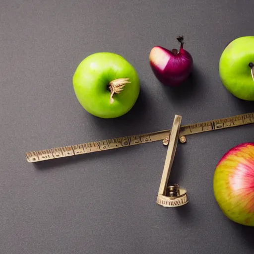 Image similar to set of balance scales with weights, one apple and one onion