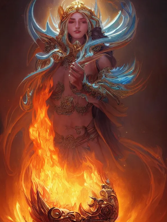 Image similar to summoner with a fire and water elemental, fantasy, world of warcraft, intricate, elegant, highly detailed, digital painting, artstation, concept art, wallpaper, smooth, sharp focus, illustration, art by artgerm and greg rutkowski and alphonse mucha