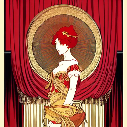 Image similar to flowing theatre red curtains, centered radial design, gold art nouveau graphic elements, painting by mucha, beautiful lighting, anime, studio ghibli, norman rockwell, trending on artstation